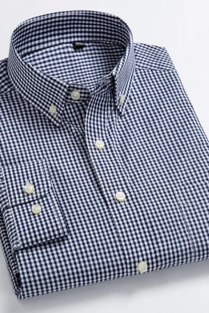 Men's Standard-Fit Long-Sleeve Casual Checked Shirt Single Patch Pocket Button-down Collar Comfortable 100% Cotton Gingham Shirt