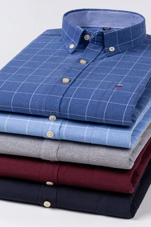 Men's Casual Shirts Cotton Oxford Plaid Strip Solid Color Long Sleeve Button Up Regular Fit Business Dress Shirt For Men Clothes