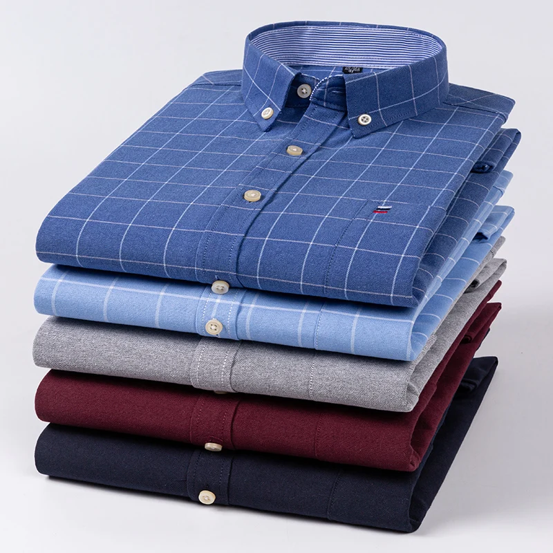 Men's Casual Shirts Cotton Oxford Plaid Strip Solid Color Long Sleeve Button Up Regular Fit Business Dress Shirt For Men Clothes