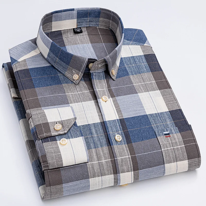 Men's Casual Shirts Cotton Oxford Plaid Strip Solid Color Long Sleeve Button Up Regular Fit Business Dress Shirt For Men Clothes - Image 2
