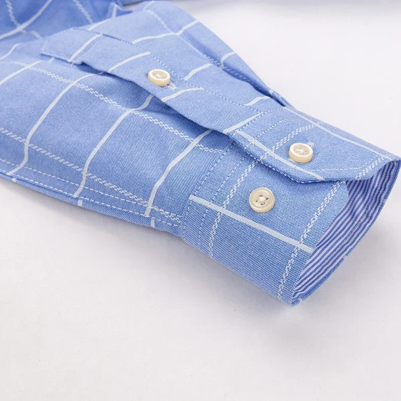 Men Oxford Fashion 100% Cotton Long Sleeve Casual Slim Solid Color Plaid Print Stripe Formal Dress Shirt Plus Size - Image 5