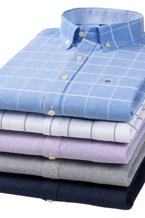 Men Oxford Fashion 100% Cotton Long Sleeve Casual Slim Solid Color Plaid Print Stripe Formal Dress Shirt Plus Size