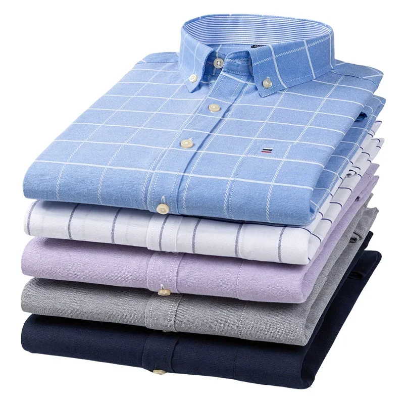 Men Oxford Fashion 100% Cotton Long Sleeve Casual Slim Solid Color Plaid Print Stripe Formal Dress Shirt Plus Size
