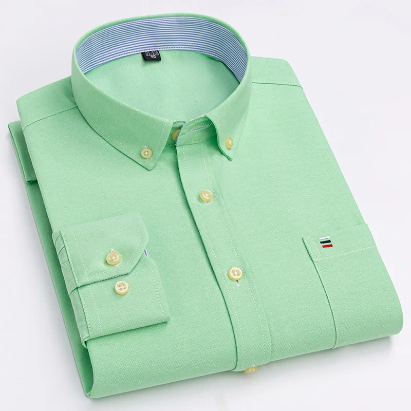 Men's Casual Shirts Cotton Oxford Plaid Strip Solid Color Long Sleeve Button Up Regular Fit Business Dress Shirt For Men Clothes - Image 6