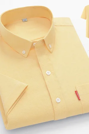 100% Cotton Basic Shirt for Men Short Sleeve Summer Casual Solid Business Oxford Yellow White Regular Fit Social Man Clothing