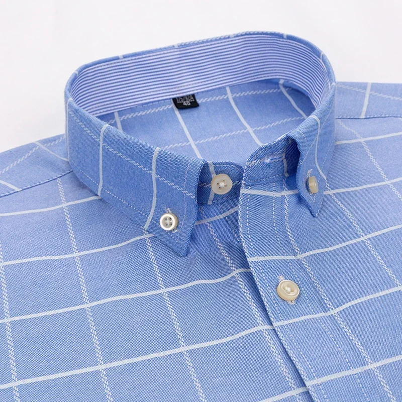 Men Oxford Fashion 100% Cotton Long Sleeve Casual Slim Solid Color Plaid Print Stripe Formal Dress Shirt Plus Size - Image 2