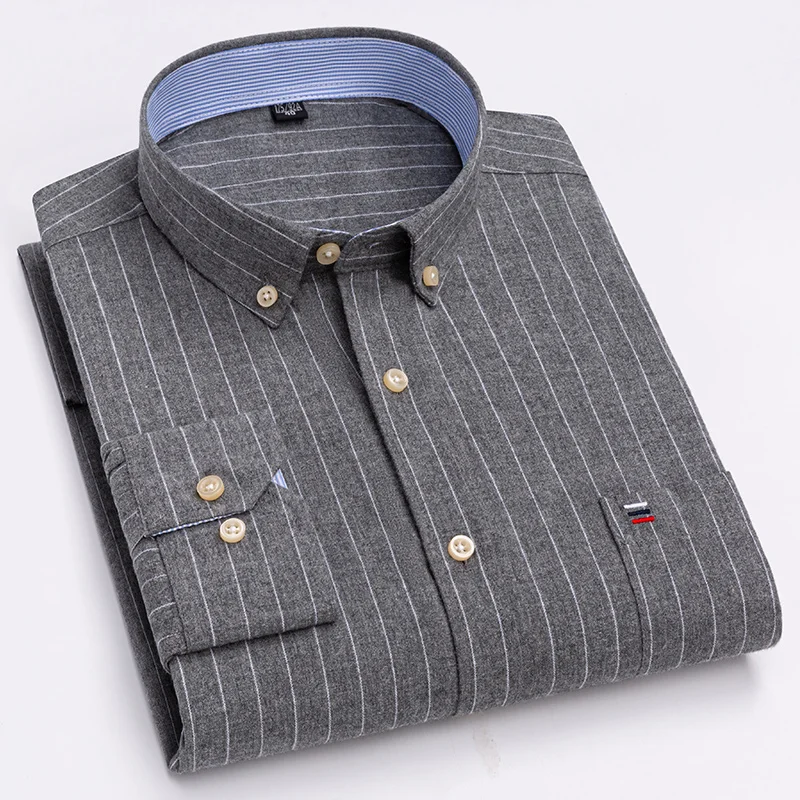 Men's Casual Shirts Cotton Oxford Plaid Strip Solid Color Long Sleeve Button Up Regular Fit Business Dress Shirt For Men Clothes - Image 5