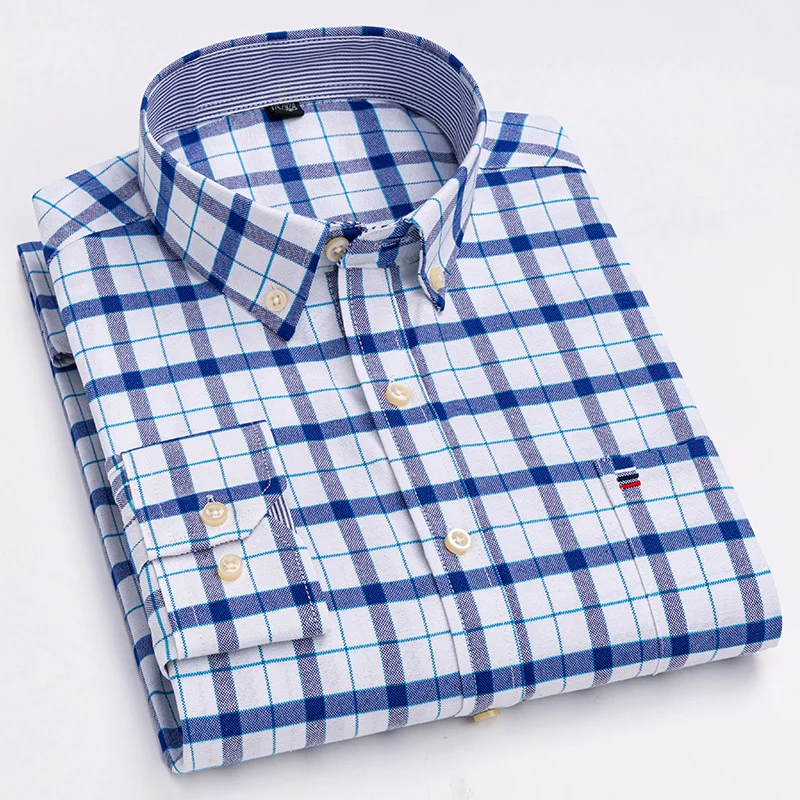 Men's Casual Shirts Cotton Oxford Plaid Strip Solid Color Long Sleeve Button Up Regular Fit Business Dress Shirt For Men Clothes - Image 3