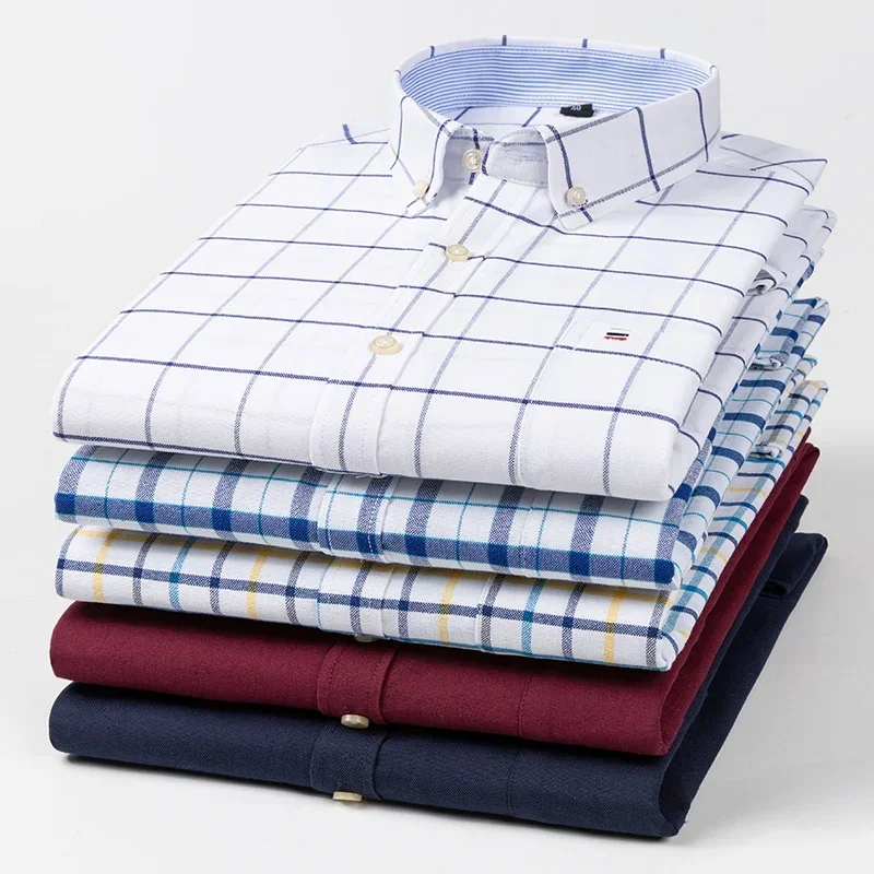 Men Oxford Fashion 100% Cotton Long Sleeve Casual Slim Solid Color Plaid Print Stripe Formal Dress Shirt Plus Size - Image 6