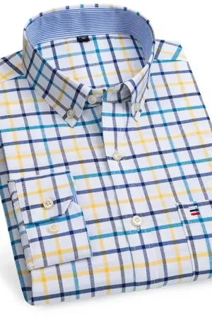 100% Pure Cotton Oxford Shirts for Men Long Sleeve Plaid Shirt Striped Male Business Checked Red Shirt Mans Designer Clothes 7XL