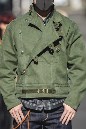 Swedish motorcycle jacket, men's retro military green casual cropped jacket, 100% cotton canvas workwear asymmetric safari style
