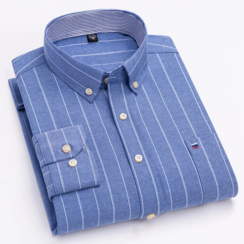 Men's Casual Shirts Cotton Oxford Plaid Strip Solid Color Long Sleeve Button Up Regular Fit Business Dress Shirt For Men Clothes - Image 4